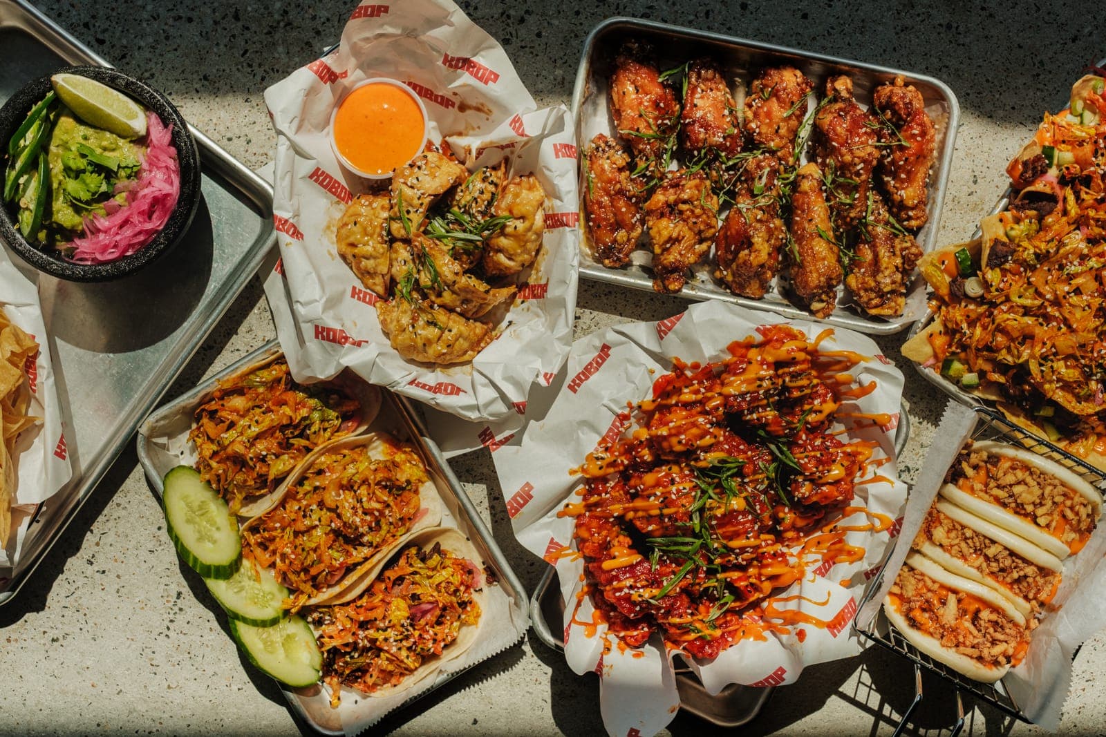 Overhead spread of Kobop menu items